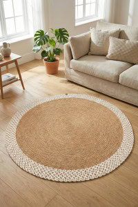DAPHNE Patna Tepih PTN 19, okrugli, bijeli, prirodni jute, moderan i elegantan dizajn za dnevni boravak ili spavaću sobu, idealan za toplu i ugodnu atmosferu.