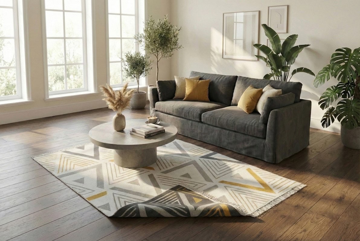 Visokokvalitetni tepih Arya Triangle Multi sa dvostrukim licem, savršen za moderni dnevni boravak, sa elegantnim geometrijskim uzorkom i neutralnim bojama za sofisticiran izgled.