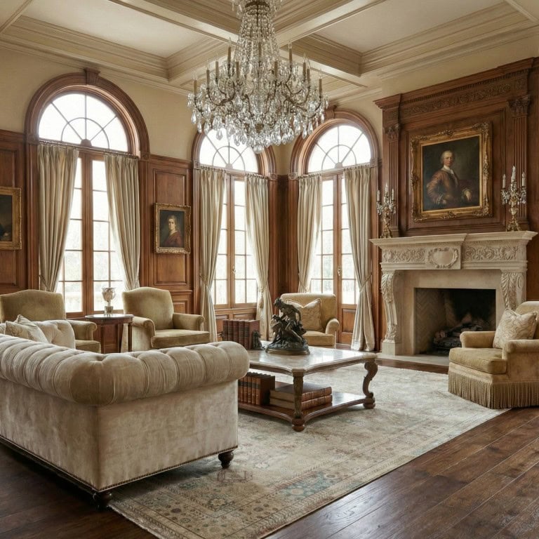 DAPHNE Tepih Babil - Beige (BBL03) u luksuznom dnevnom boravku sa klasičnim namještajem i elegantnim ukrasima, savršen za sofisticirane interijere. Ekskluzivna kolekcija, visok kvalitet i sofisticiran.