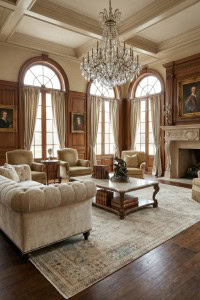 Umetnički ukrašen dnevni boravak sa klasičnim nameštajem, velikim prozorima i luksuznim lusterom, prikazan na fotografiji iz kolekcije Tepih Babil - Beige (BBL03).