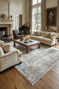 Umetnička i elegantna dnevna soba s velikim prozorima, klavirom i klasičnim namještajem, ukrašena starinskim detaljima i slikama, s tepihom Babil - Grey (BBL03) iz ekskluzivne kolekcije.