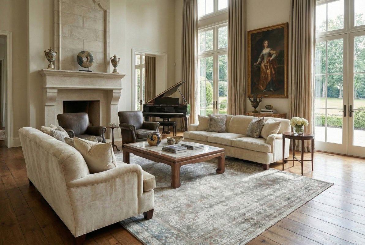 Grey (BBL03) u elegantnom dnevnom boravku s klasičnim namještajem i velikim prozorima, savršen za modernu i sofisticiranu unutrašnjost. Ekskluzivna kolekcija DAPHNE.