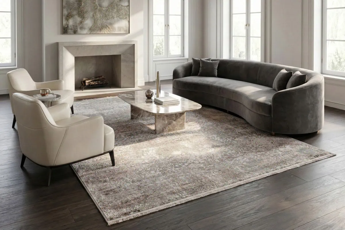 Tepih Fresco bež boje u modernom dnevnom boravku, savršen za elegantan i udoban prostor, dio ekskluzivne kolekcije DAPHNE. Idealno za dodavanje topline i stila vašem interijeru.