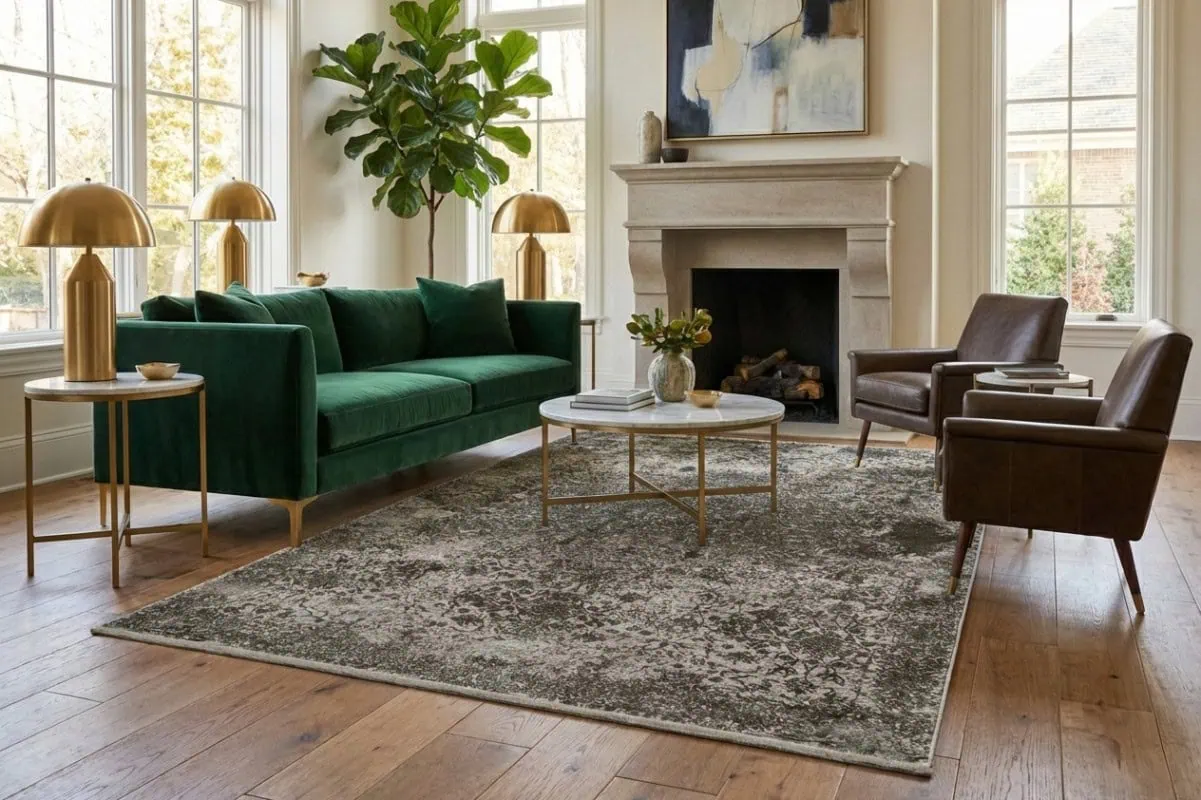 Umetnička fotografija dnevnog boravka s tepihom Fresco - Green (FSD01) iz ekskluzivne kolekcije, koji dodaje eleganciju i toplinu prostoru. Savršen za moderni i klasični interijer.