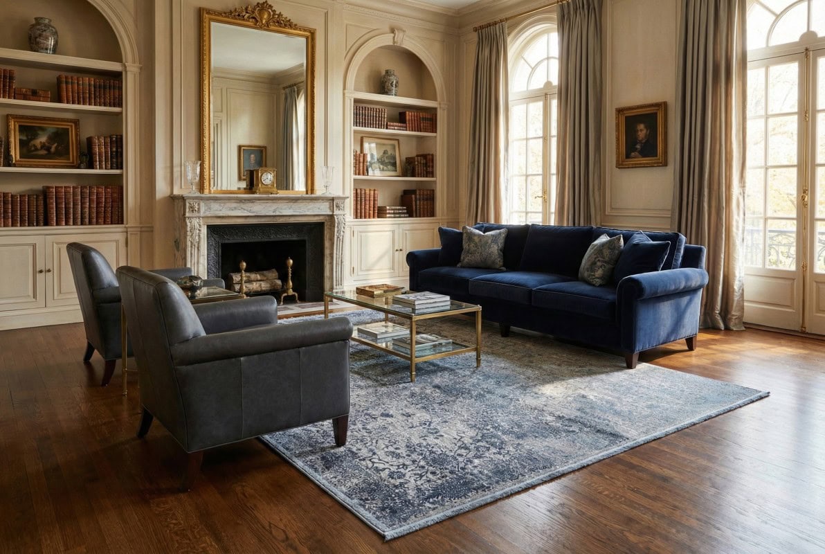 Umetnička fotografija elegantnog dnevnog boravka s klasičnim namještajem i velikim prozorima, prikazuje tepih Fresco plavi u centru prostora, idealan za luksuzne interijere.