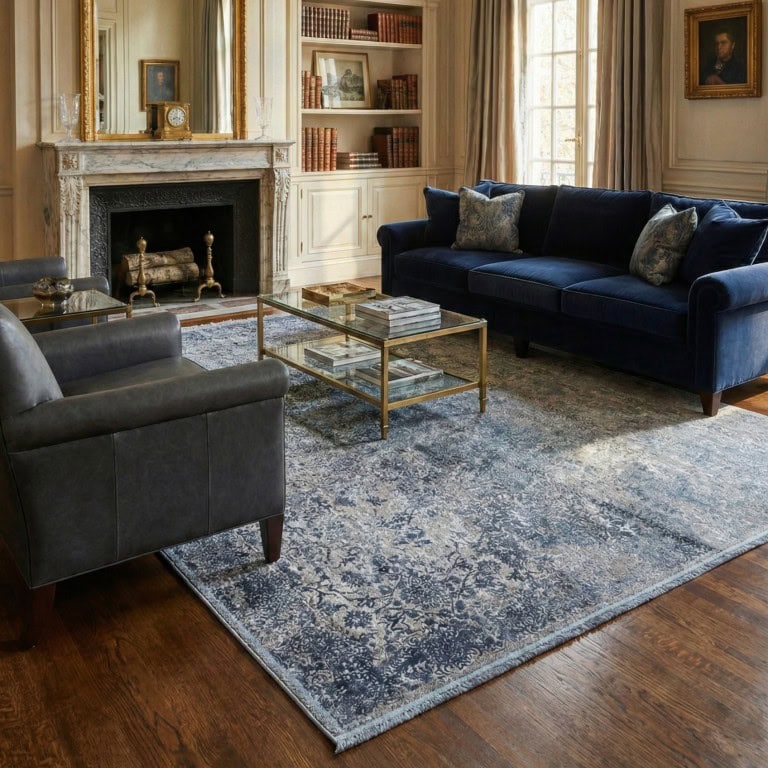 Visoka kvaliteta tepih Fresco plavi u elegantnom dnevnom boravku s klasičnim dekorom, savršen za luksuzni interijer i udobnost.