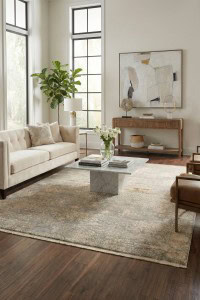 Visoki kvalitet tepih Fresco - Zlatni u modernom dnevnom boravku s minimalističkim dekorom, prirodnim svjetlom i elegantnim namještajem, savršen za luksuzni interijer.