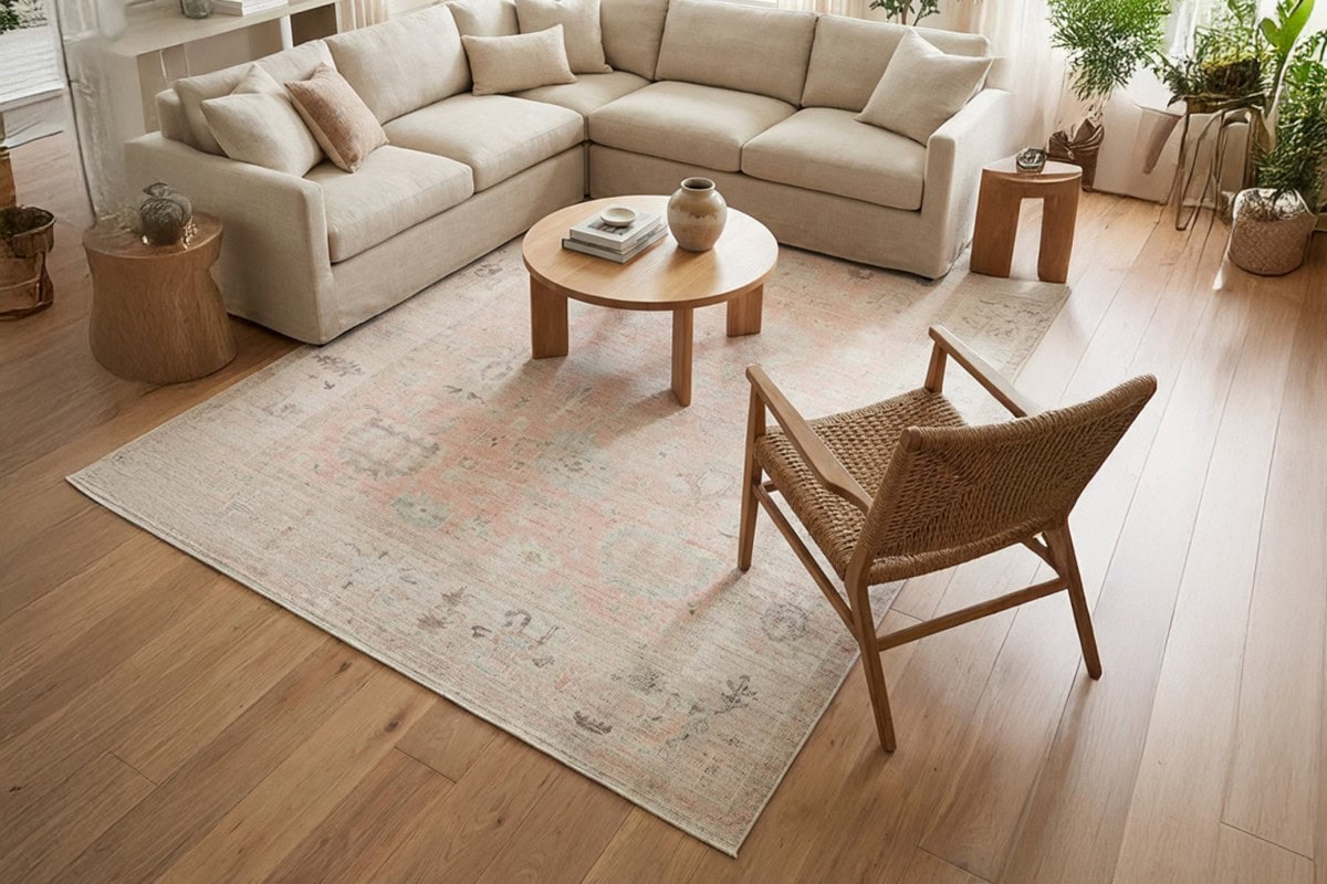 Umetnički tepih u pastelnim bojama u modernom dnevnom boravku sa udobnim sofom i drvenim nameštajem, savršen za elegantan i topao enterijer.