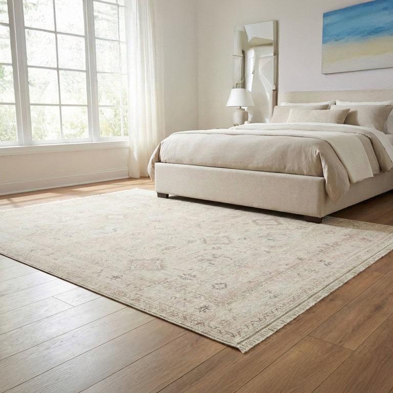 BESPLATAN tepih od bež boje u modernom spavaćem prostoru sa prirodnim osvjetljenjem, savršen za udoban i elegantan enterijer. Idealno za dnevne sobe i spavaće sobe, pruža toplinu i stil.