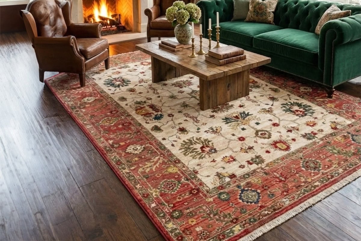 Visokokvalitetni tepih Kybele u krem i crvenoj boji, idealan za elegantan i udoban dnevni boravak, sa tradicionalnim uzorkom i ručno tkanjem za sofisticirani izgled prostora.