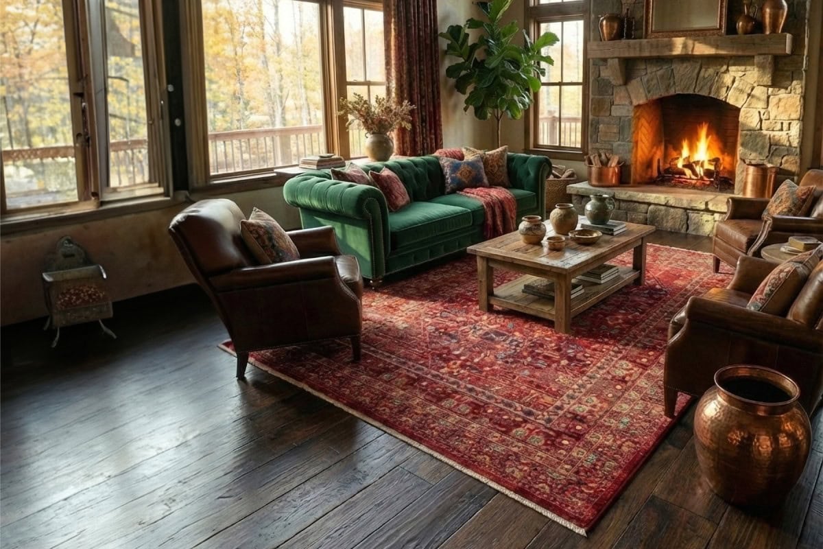 Umetnički tepih Kybele u crvenoj boji smješten u toplom dnevnom boravku s kamenom kaminom, drvenim podovima i velikim prozorima s pogledom na prirodu, dodaje šarm i udobnost prostoru.