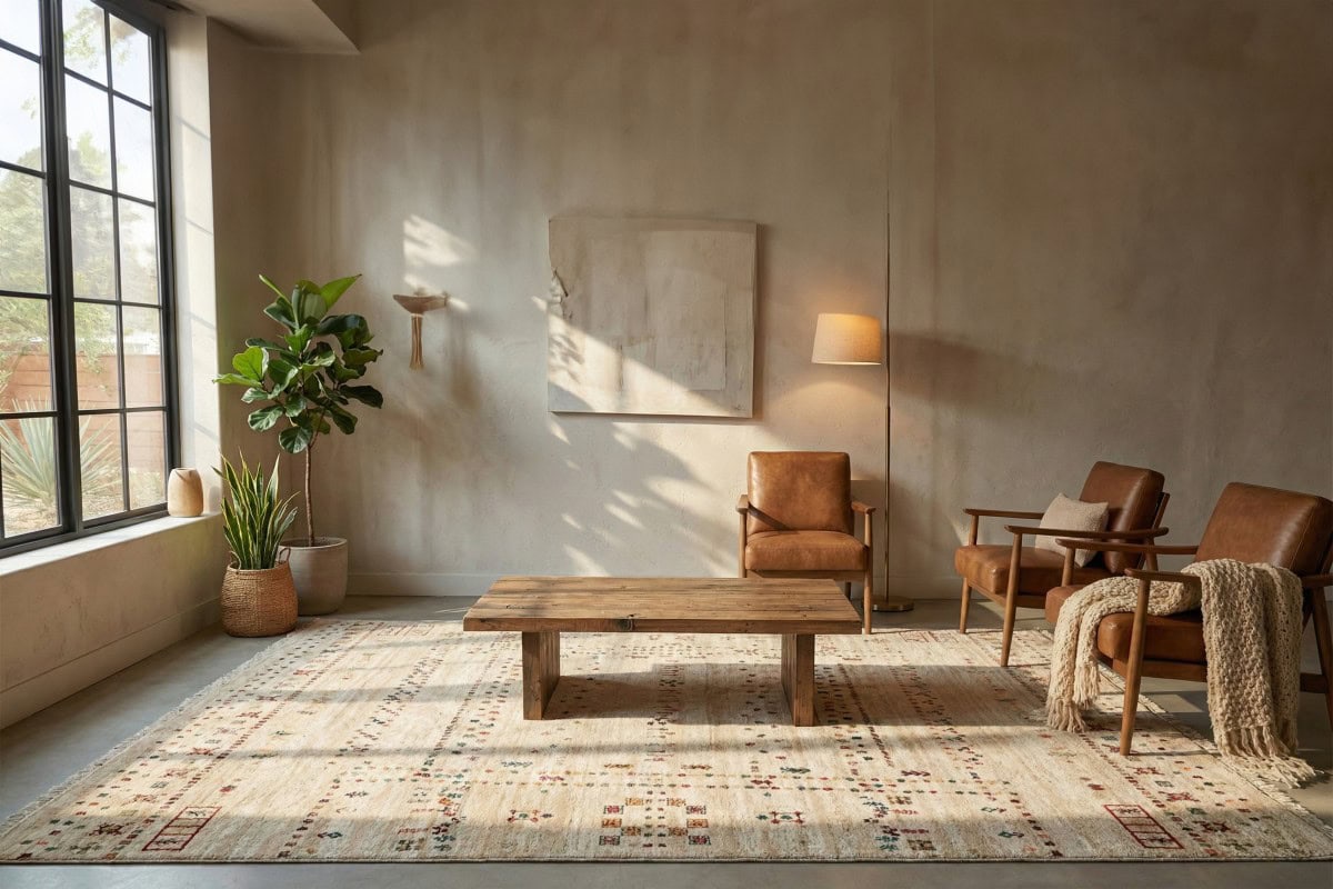 Umetnički tepih Kybele u krem bojama, elegantan i topao dizajn za moderni enterijer, idealan za dnevne sobe i spavaće sobe, pruža udobnost i stil prostoru.