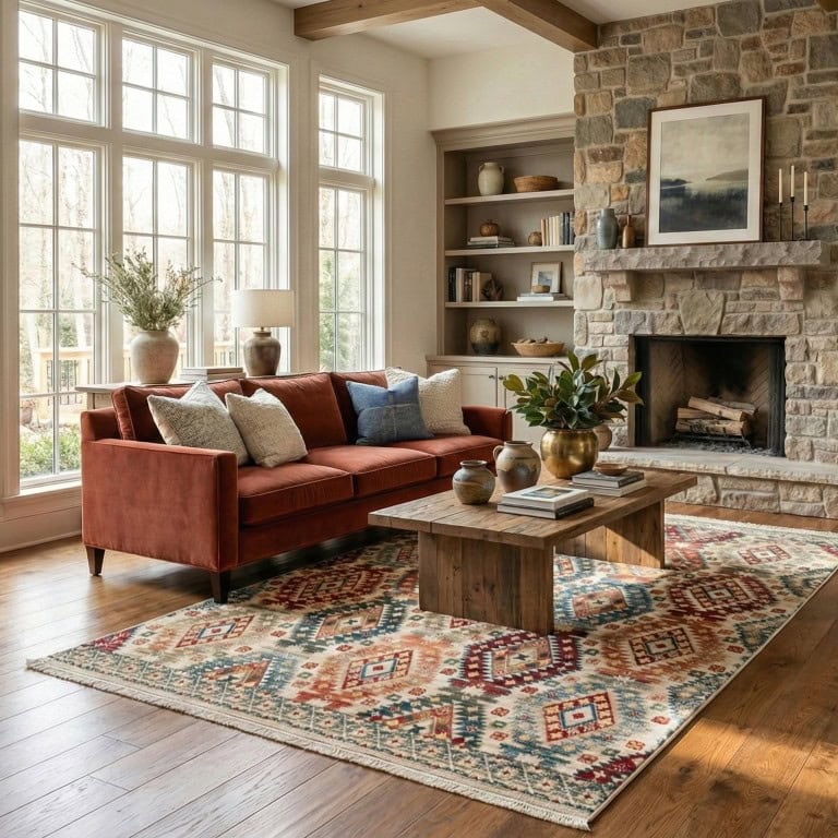 Visoka kvaliteta tepih Kybele (07) - Multi u modernom dnevnom boravku s prirodnim svjetlom, rustikalnim kamenom i udobnim namještajem, idealan za elegantan i topao ambijent.