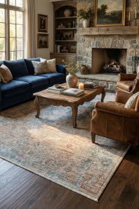 Umetnička fotografija dnevnog boravka s tepihom La Paz - Grey (LPZ03) iz ekskluzivne kolekcije, elegantan i udoban prostor za opuštanje.