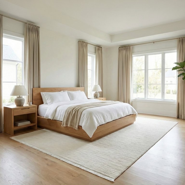 Umetnički prikaz spavaće sobe s tepihom Lagos (19) - Cream, bijeli i mekan, idealan za udobnost i stil u modernom enterijeru.