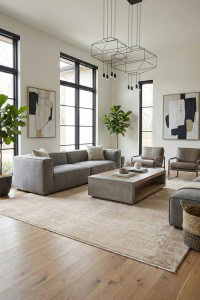 Umetni tepih u modernom dnevnom boravku sa minimalističkim dizajnom, beige i sivo tonovima, sa velikim prozorima i zelenim biljkama, iz kolekcije DAPHNE, model MHL05.