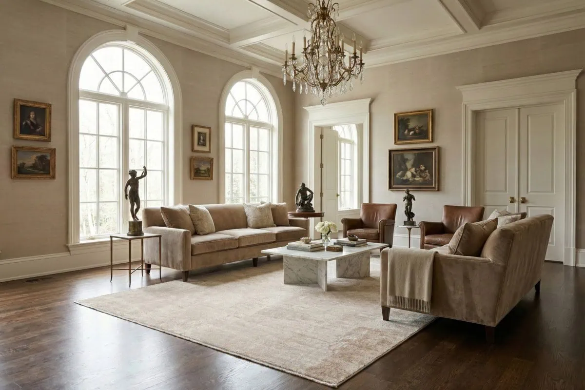 Tepih Mahal Mood - Beige Grey (MHL05) u elegantnom dnevnom boravku sa klasičnim dekorom, velikim prozorima i umjetničkim figurama, savršen za sofisticirane interijere.