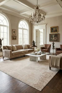 Umetnička fotografija elegantnog dnevnog boravka s tepihom u bež i sivoj boji, visokim prozorima i klasičnim ukrasima, prikazuje luksuzni interijer s fokusom na tepih iz kolekcije DAPHNE.