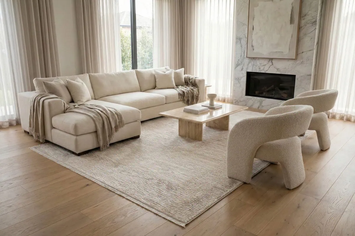 Visoka kvaliteta tepih beige boje u modernom dnevnom boravku sa prirodnim svjetlom, udobnim namještajem i elegantnim dekorom, savršen za toplu i ugodnu atmosferu.