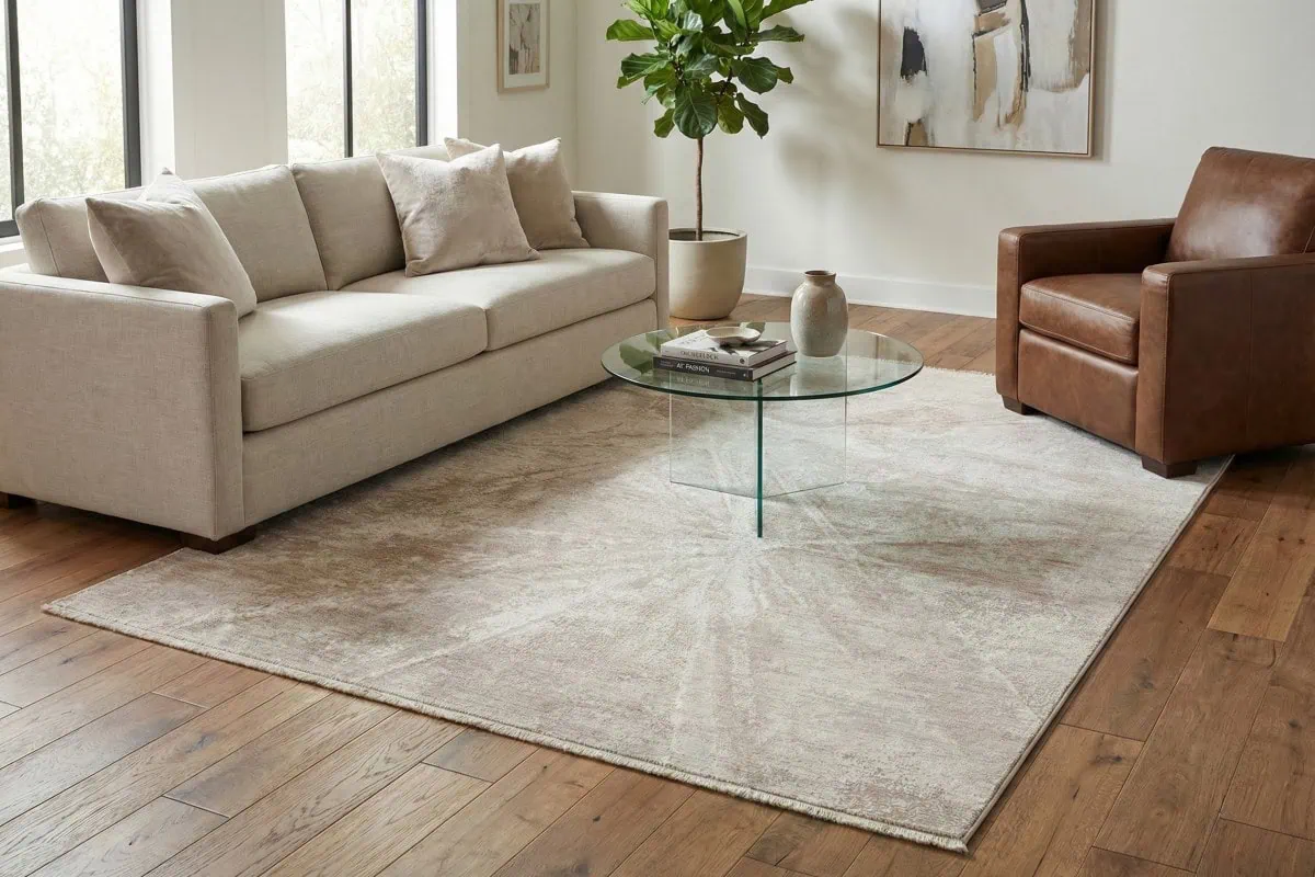 Tepih Mahal Mood - Grey Beige (MHL01) u modernom dnevnom boravku, savršen za elegantan i udoban enterijer, izrađen od visokokvalitetnih materijala za dugotrajnu upotrebu i jednostavno održavanje.