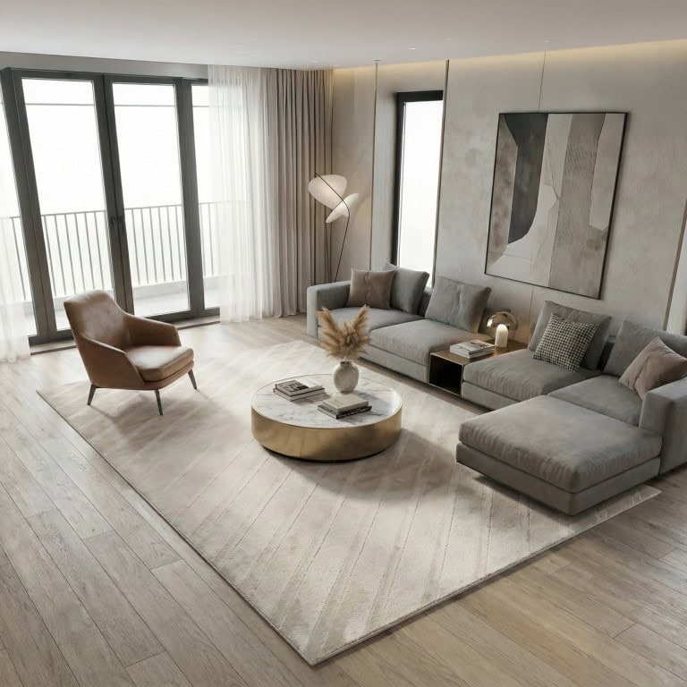 Oglasni ALT tag: Moderni dnevni boravak s tepihom Merano u bež boji, s udobnim sofama i minimalističkim ukrasima, idealan za elegantan i ugodan prostor.