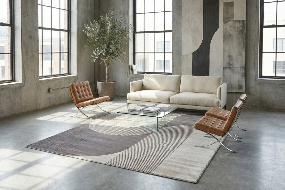 Umetnička fotografija modernog dnevnog prostora s tepihom Merano u boji vizon antrasit, idealnim za elegantan i udoban interijer.