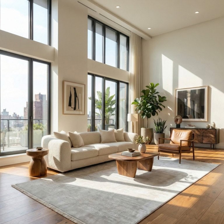 Moderni dnevni boravak s tepihom Napoli u sivim tonovima, velikim prozorima i elegantnim namještajem za udoban i svijetao prostor.