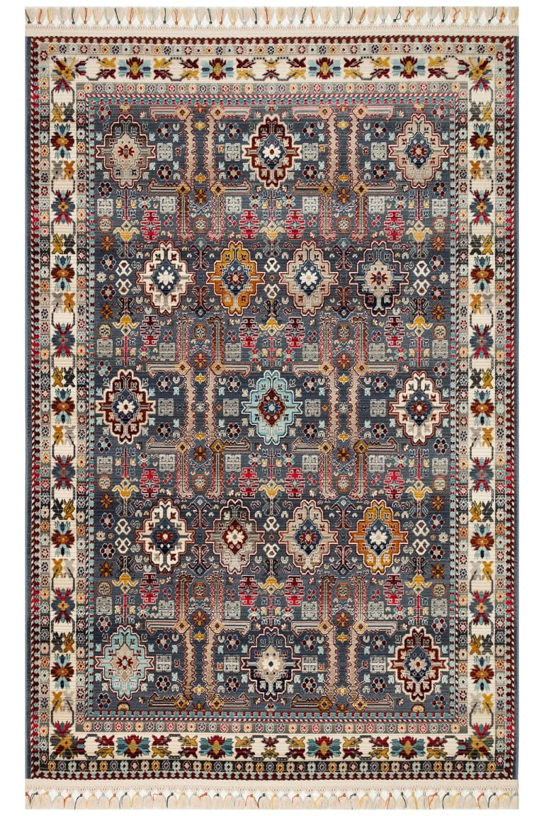 DAPHNE Tepih Petra Multy, ručno tkan, tradicionalni dizajn s geometrijskim uzorkom u bojama plave, crvene, žute i bež, idealan za dnevne sobe i spavaće sobe.