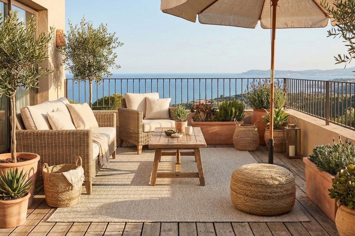 DAPHNE, tepih Ventura (VNT 2703) u svijetlo bež boji, idealan za vanjske terase, pruža udobnost i stil, uz predivan pogled na more i prirodu. Savršen izbor za opuštanje i druženje na otvorenom.