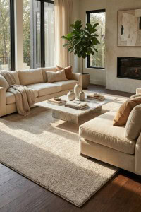 DASKOLOVANI tepih Zen u bež boji smješten u modernom dnevnom boravku s prirodnim svjetlom, stvara toplu i ugodnu atmosferu. Savršen je za udobne trenutke i dekorativni izgled prostora.