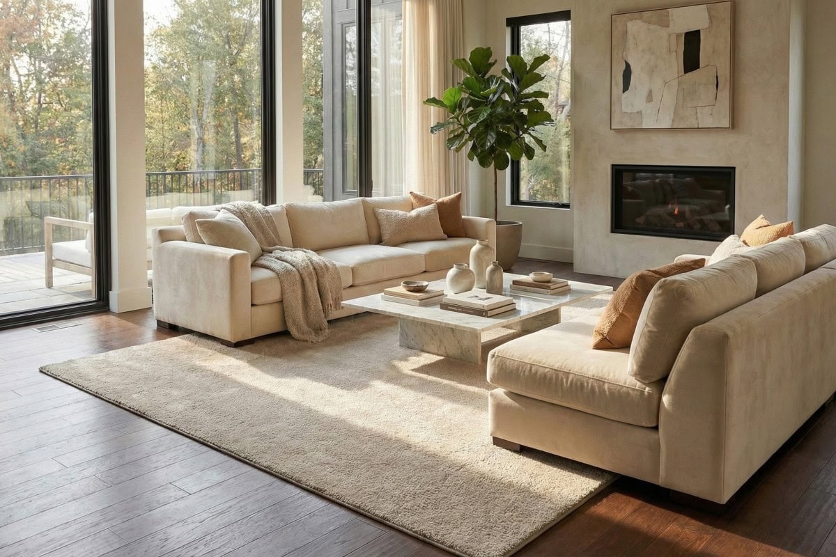 Umetni tepih Zen u bež boji u moderni dnevni boravak sa udobnim sofama, velikim prozorima i prirodnim svjetlom, stvarajući toplu i elegantnu atmosferu za opuštanje i druženje.