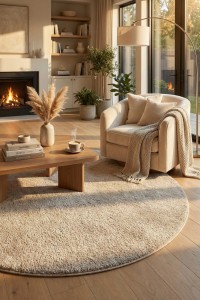 Umetni tepih Zen u modernom dnevnom boravku sa bež tonovima, prirodnim biljkama i toplim svjetlom, stvarajući ugodnu i elegantnu atmosferu za opuštanje i druženje.