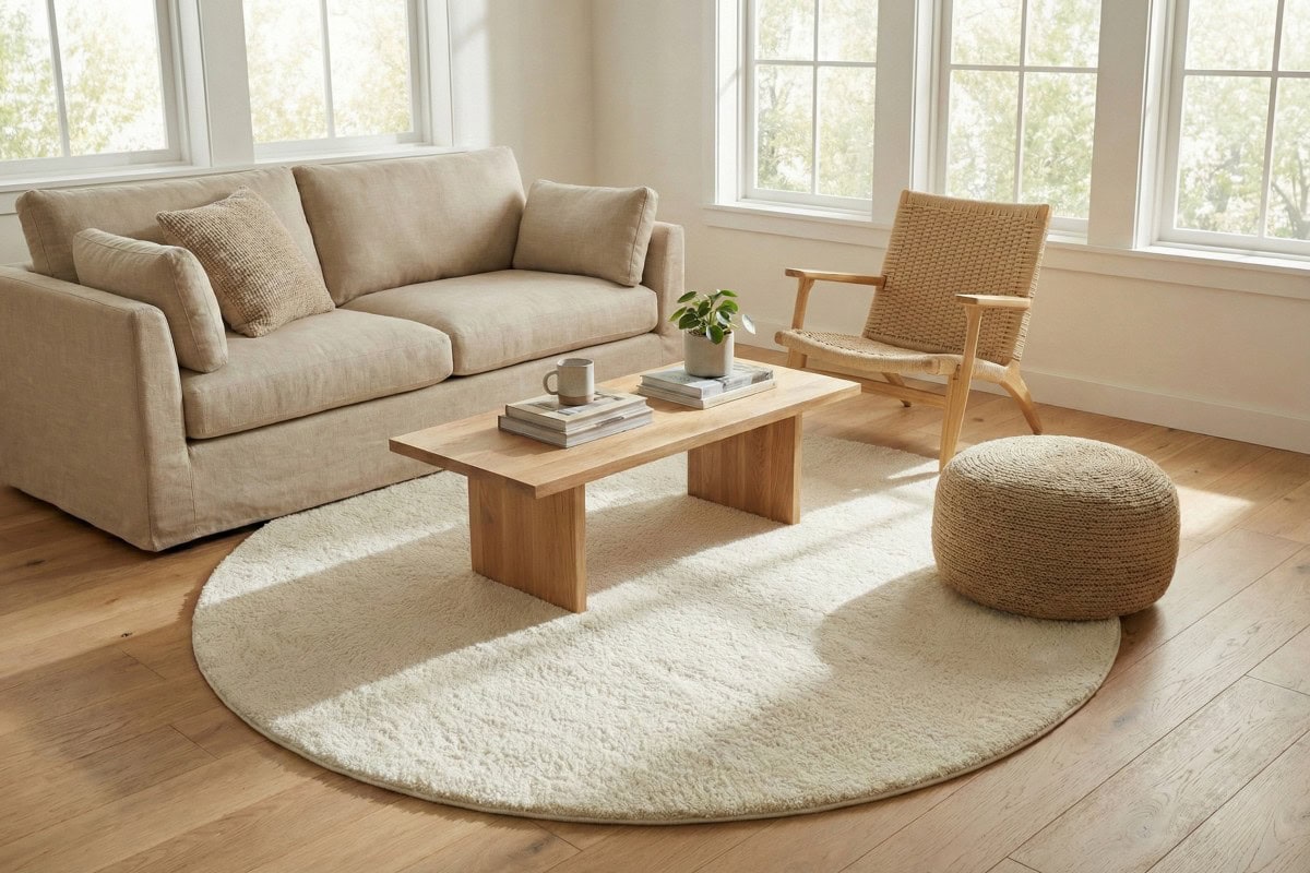 Tepih Zen krem boje, okrugli, postavljen u modernom dnevnom boravku s prirodnim svjetlom, udobnim namještajem i minimalističkim dekorom. Savršen za stvaranje opuštajuće atmosfere u domu.