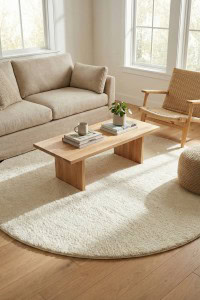 DAPHNE Tepih Zen krem boje, okruglog oblika, savršen za moderan i udoban dnevni boravak, pruža toplinu i eleganciju prostoru. Idealno za stvaranje relaksirajuće atmosfere u vašem domu.