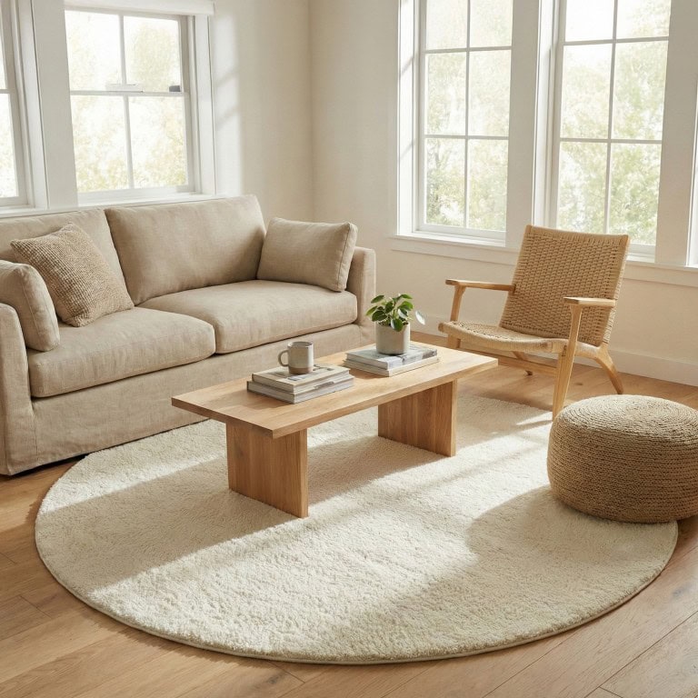 Svetao dnevna soba s tepihom Zen krem boje, okruglog oblika, uz udobnu sofu i drveni sto, idealno za opuštanje i moderni interijer.