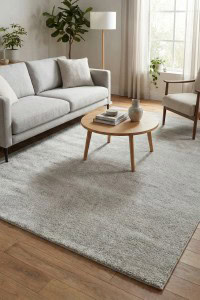 Tepih Zen siva u modernom dnevnom boravku s prirodnim svjetlom, minimalistički dekor, udobna sofa i stol s ukrasnim predmetima, stvarajući mirnu i elegantnu atmosferu.