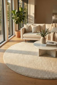 Tepih Zen u svijetlo bež boji, okruglog oblika, smješten u modernom dnevnom boravku s prirodnim svjetlom, minimalističkim namještajem i zelenim biljkama za ugodnu atmosferu.