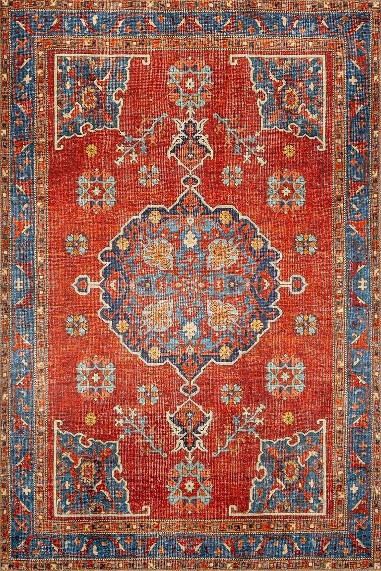 Visokokvalitetni tepih AK sa složenim tradicionalnim uzorkom u crvenoj, plavoj i bež boji, idealan za elegantan enterijer i dodavanje topline prostoru.