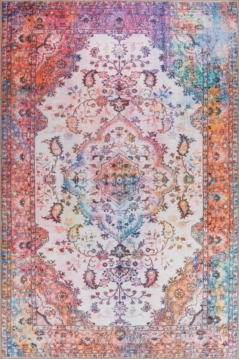 Visokokvalitetni tepih s tradicionalnim uzorkom u bojama ružičaste, plave i bež, idealan za elegantan enterijer, ručno tkan u Bosni, savršen dodatak za vaš dom ili poslovni prostor.