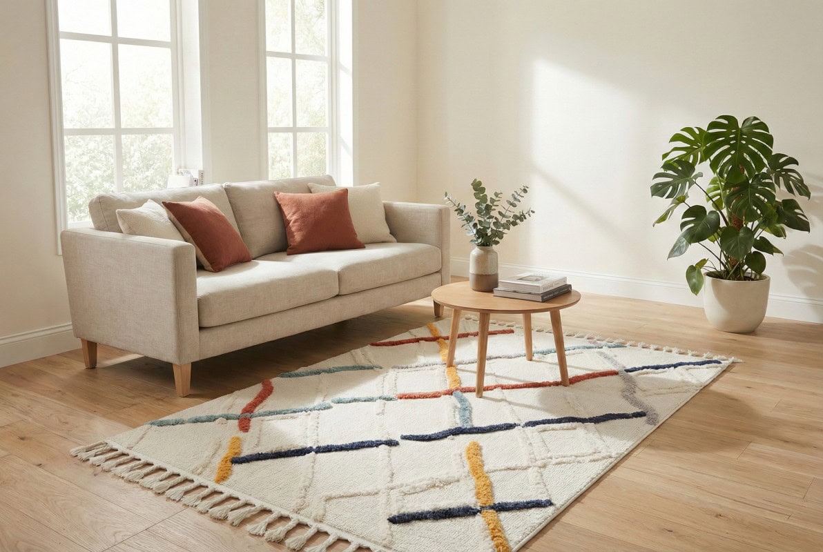 Prilagođeni tepih od terakote s modernim geometrijskim uzorkom u neutralnim bojama, savršen za dnevne sobe i dnevne prostore. Visokokvalitetni ručno rađeni tepih za elegantan izgled interijera.