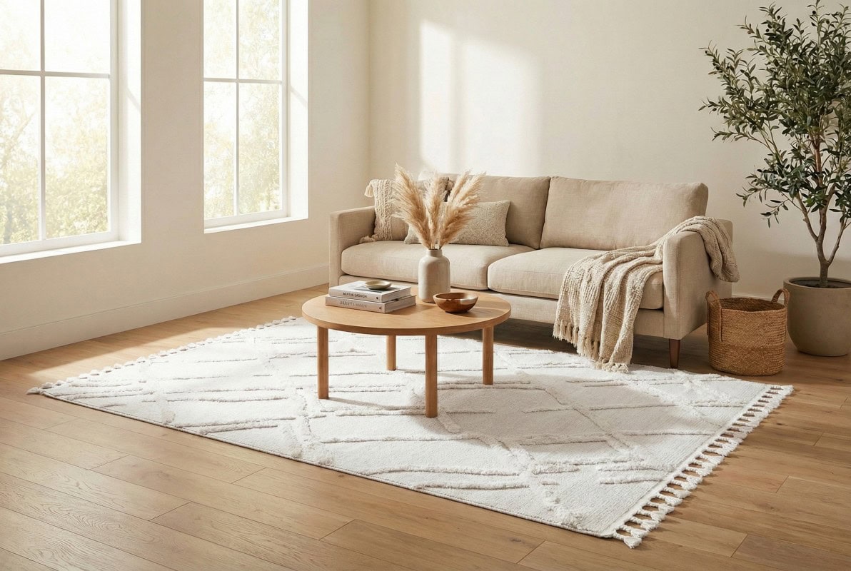 Ulazni tepih od terrazza s bijelim tonovima, savršen za moderni dnevni boravak, pruža elegantan i topao izgled prostoru. Idealan za stvaranje ugodne atmosfere i dodatni stil u vašem domu.